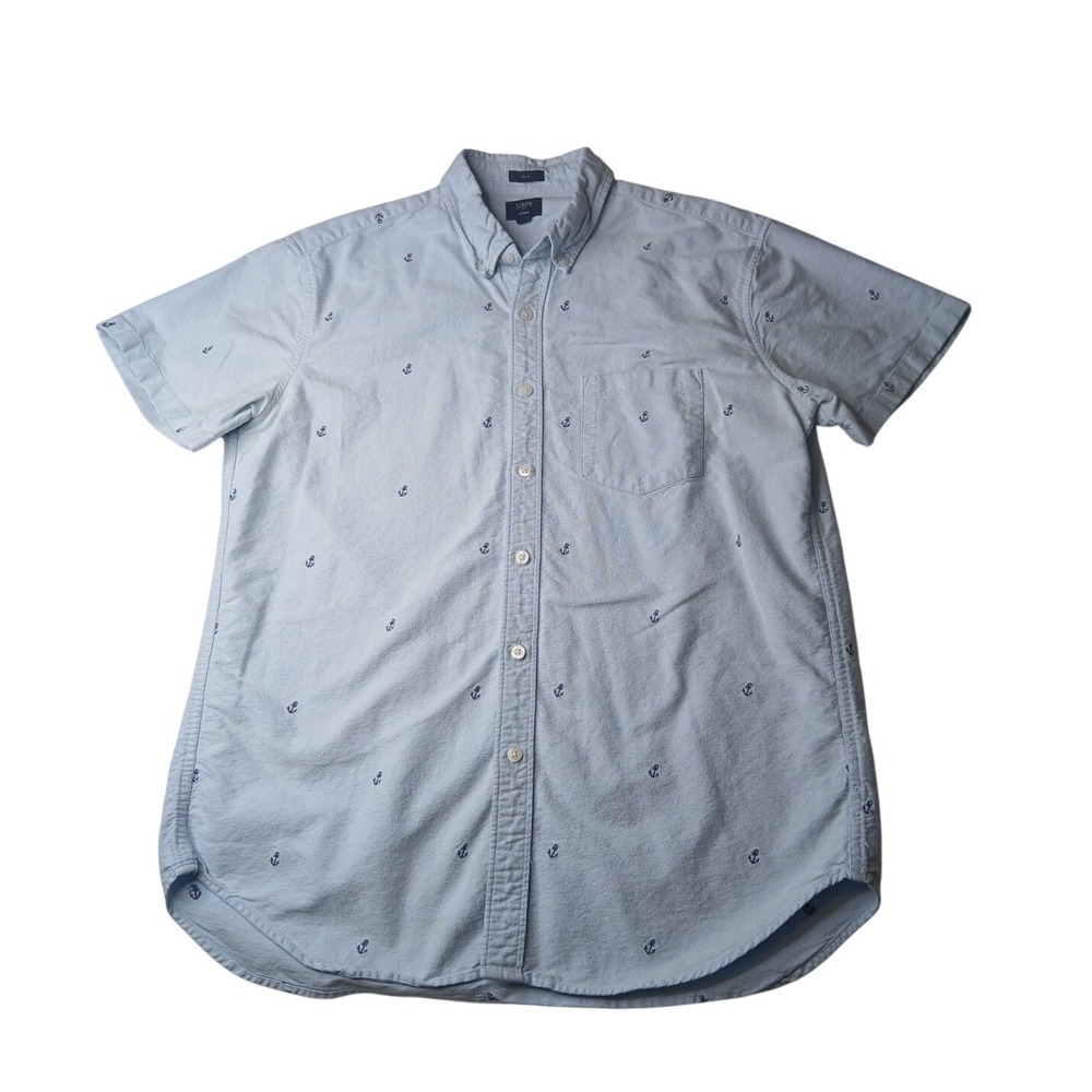 J.Crew Oxford Shirt Mens Large Blue Anchor Print Slim Fit Short Sleeve Button Up
